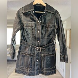 Vintage Reversible Black Leather Belted Jacket with Contrast Stitching, Size S